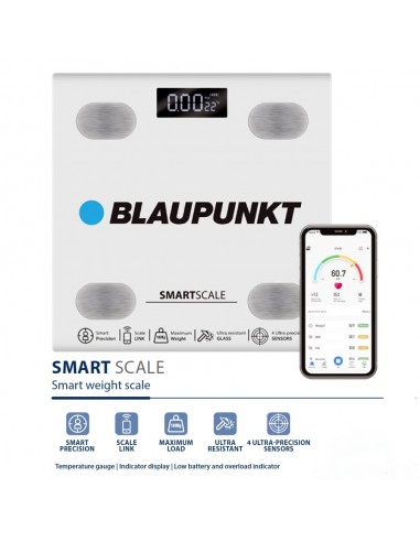 Balanza de Baño BLAUPUNKT Smart Scale Link Android iOS 180Kg Vidrio Blanca