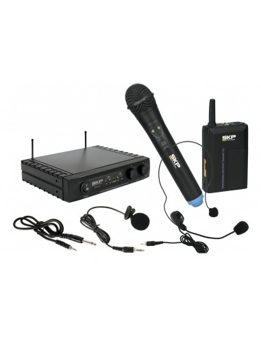 Sistema Micrófono Inalámbrico de Mano SKP UHF-282 de 2 Canales y Bodypack para Micrófono Vincha, Corbatero o Guitarra.