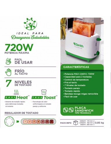 Tostadora Zenith Toastmaker 720W | 7 Niveles de Tostado + Recogemigas | 101db