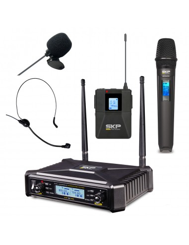Set Micrófono Inalámbrico de Mano SKP UHF-700 PRO 300 Canales Seleccionables con Body Pack para Vincha y Levalier con Estuche