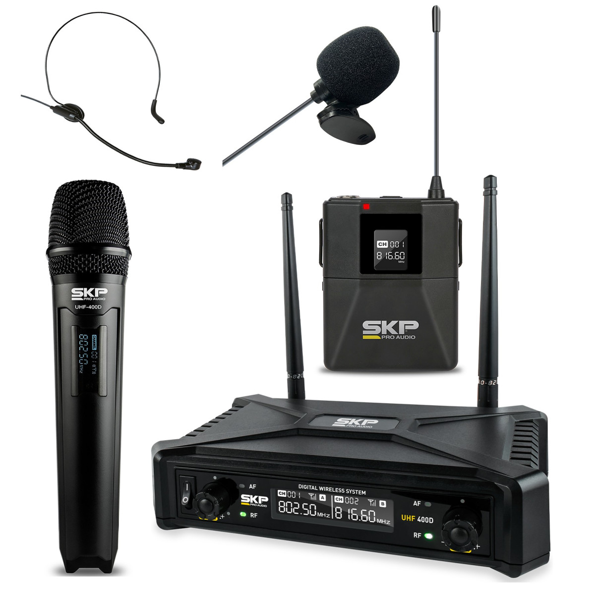 Set Micrófono Inalámbrico de Mano SKP UHF-400D con Body Pack para Vincha y  Levalier