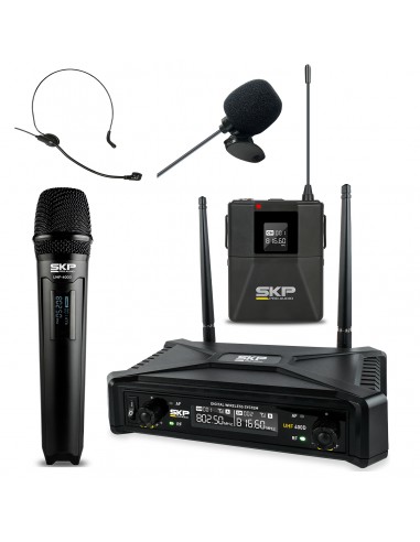 Set Micrófono Inalámbrico de Mano SKP UHF-400D con Body Pack para Vincha y Levalier con Estuche