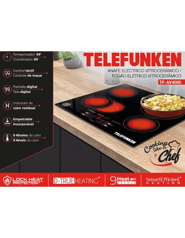 Anafe Eléctrico Empotrable Telefunken | 4 Hornallas | Vitrocerámico