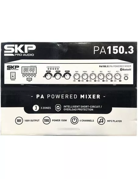 Amplificador Mixer SKP PA 150.3 BT 150W RMS 3 Zonas | Instalación Comercial |101dB