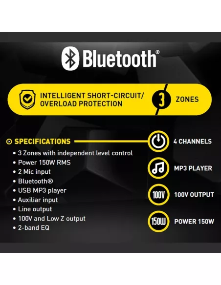 Amplificador Mixer SKP PA 150.3 BT 150W RMS 3 Zonas | Instalación Comercial |101dB