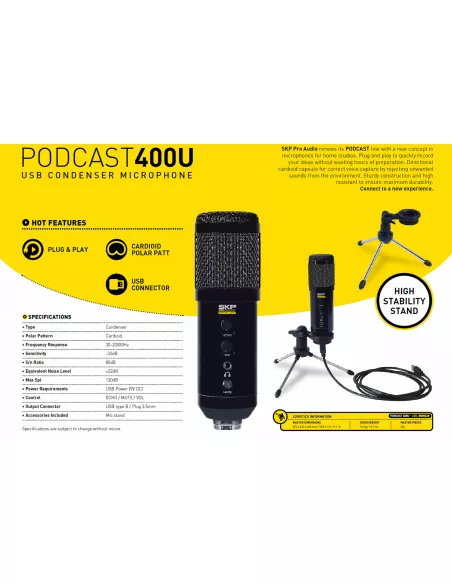 Micrófono Condensador SKP Podcast 400U USB | Plug & Play Profesional