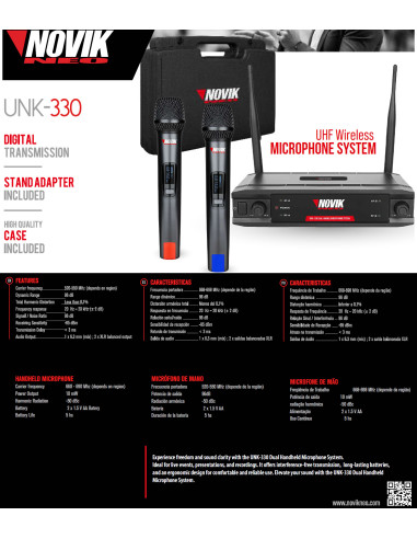 Set Micrófonos Inalámbricos Novik UNK-330 UHF | 101dB