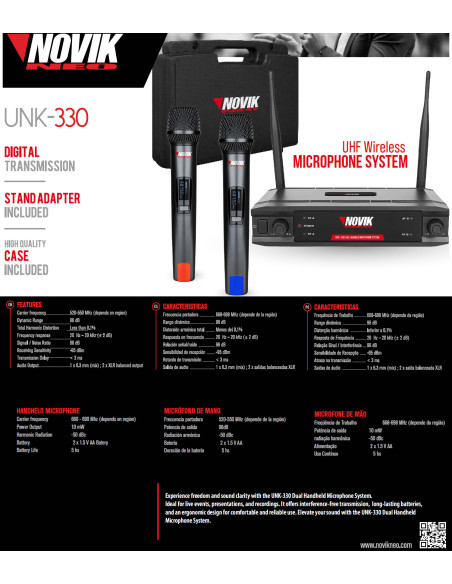 Set Micrófonos Inalámbricos Novik UNK-330 UHF | 101dB