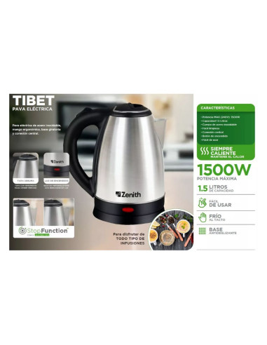 Pava Eléctrica Zenith Tibet 1.5L 1500W | Acero Inoxidable y Apagado Automático | 101db