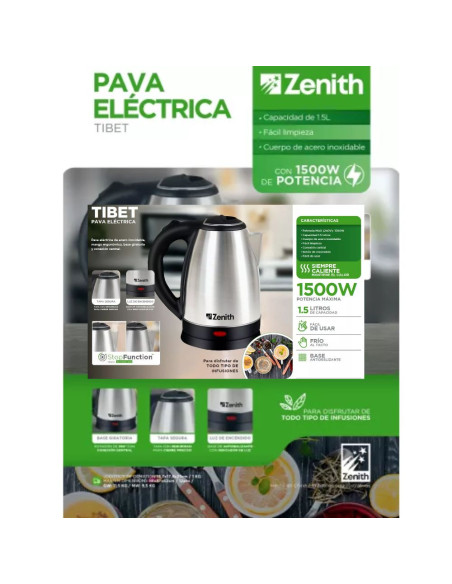 Pava Eléctrica Zenith Tibet 1.5L 1500W | Acero Inoxidable y Apagado Automático | 101db
