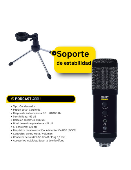 Micrófono Condensador SKP Podcast 400U USB | Plug & Play Profesional
