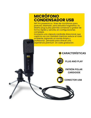 Micrófono Condensador SKP Podcast 400U USB | Plug & Play Profesional