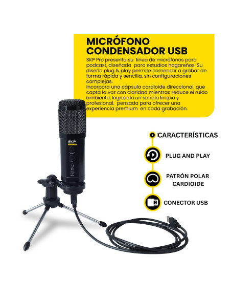 Micrófono Condensador SKP Podcast 400U USB | Plug & Play Profesional