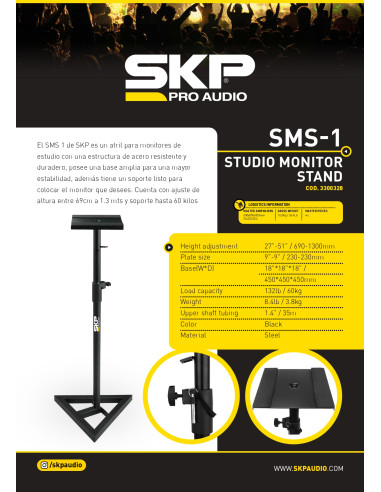 Soporte Monitor de Estudio SKP SMS-1 Ajustable 69–130cm 60kg- 101dB