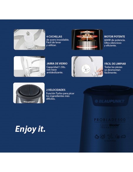 Picadora de alimentos BLAUPUNKT PRO BLADE 500 | 600W, Vidrio y Seguridad | 101DB